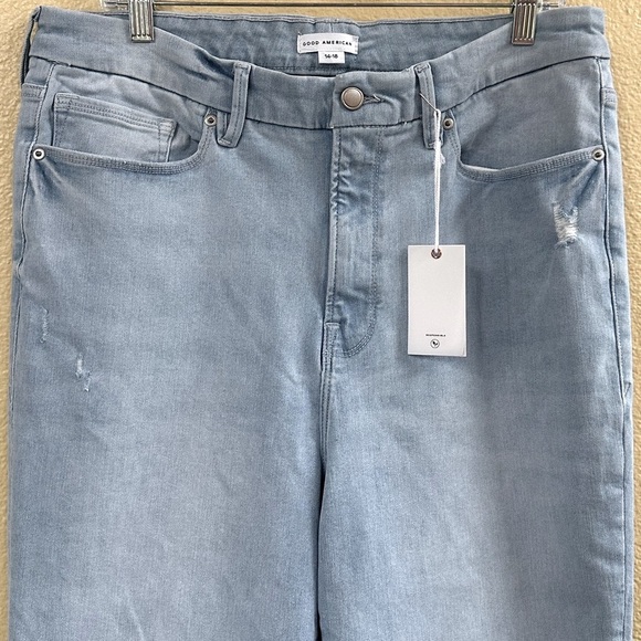 Good American Always Fits Good Legs Flare Distressed Lt Blue Wash Size 14-18 NWT - Picture 9 of 16